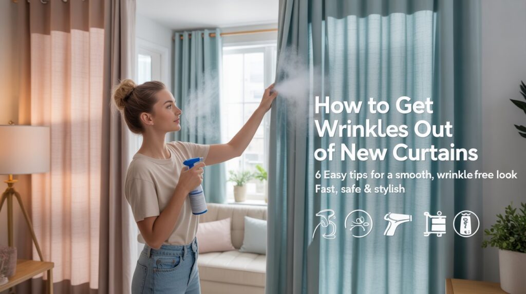 Woman using wrinkle release spray for curtains to show how to get wrinkles out of new curtains in a bright, stylish living room
