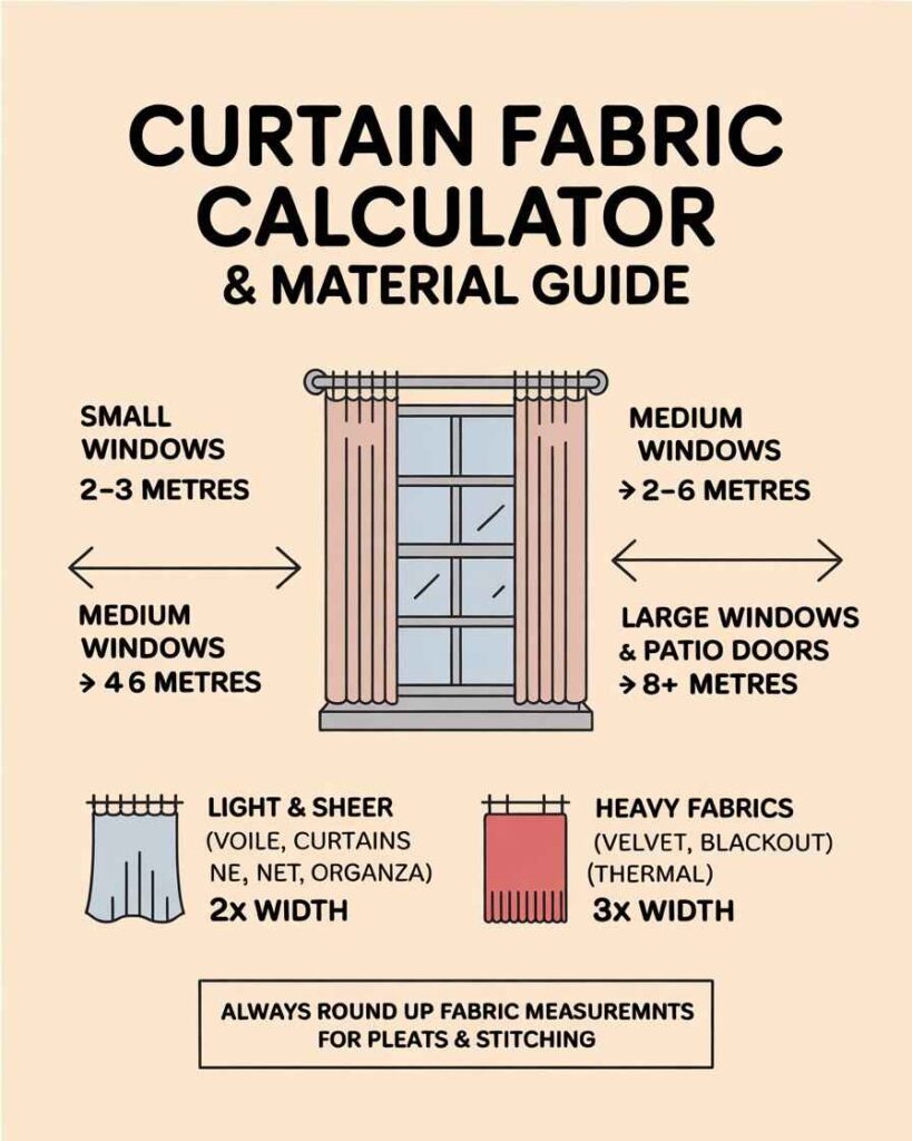 Curtain Fabric Calculator and Material Guide infographic showing fabric requirements for small, medium, and large windows with examples for light sheer curtains and heavy fabrics.