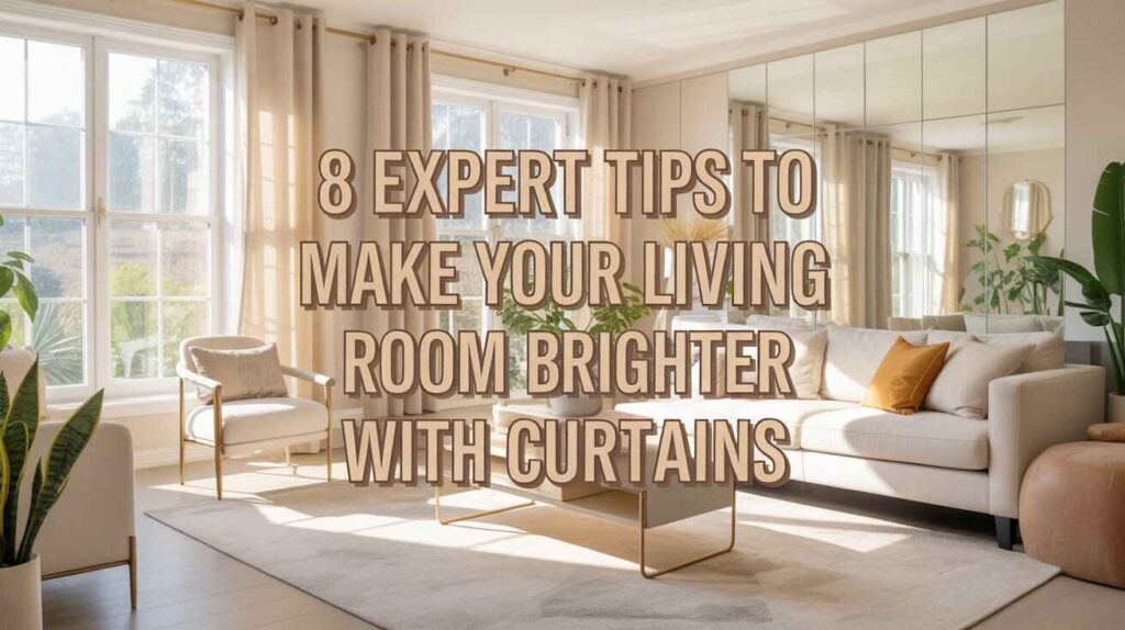 Modern bright living room with large windows, beige curtains, a cosy sofa, indoor plants, and warm sunlight streaming in—a perfect example of bright living room curtain ideas for natural light.