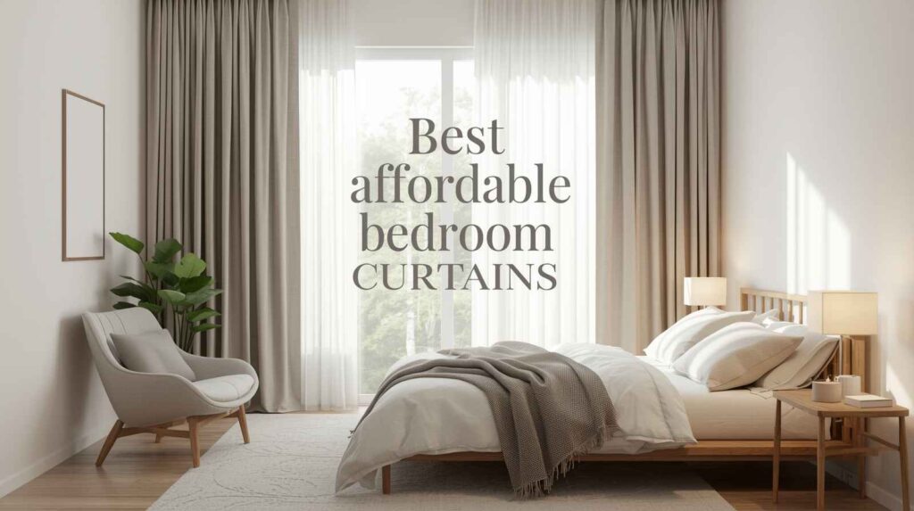 A cosy modern bedroom with neutral faux-linen drapes hanging high and wide, showcasing the best affordable bedroom curtains in a bright, stylish interior with soft natural light.