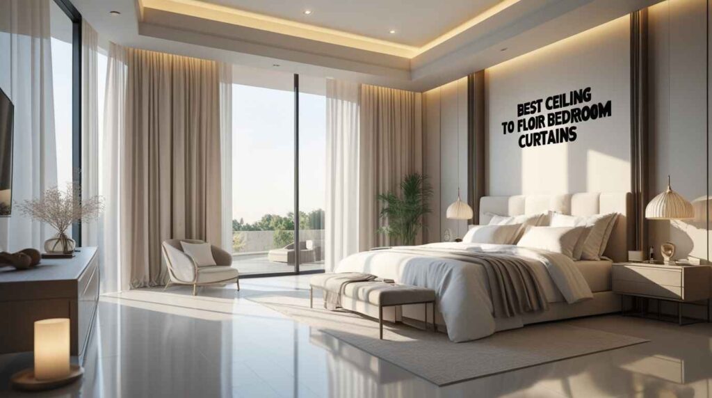 Modern luxury bedroom featuring the best ceiling to floor bedroom curtains, with soft neutral drapes hanging from ceiling to floor, large glass windows, an elegant bed, warm lighting, and a spacious contemporary interior design.
