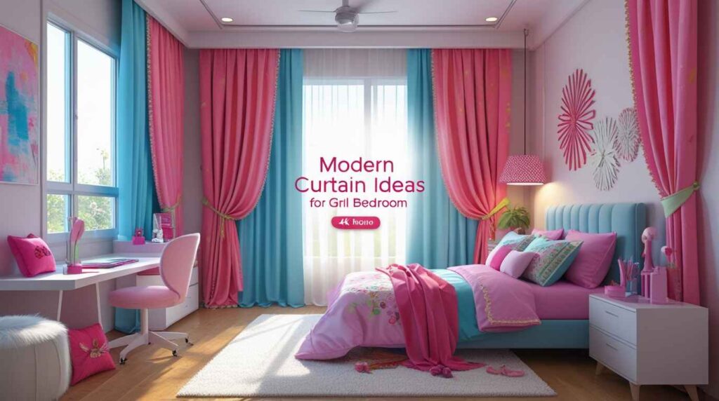 Modern curtain ideas for girl bedroom featuring pink and blue drapes, a stylish bed, a study desk, and vibrant decorative accents.
