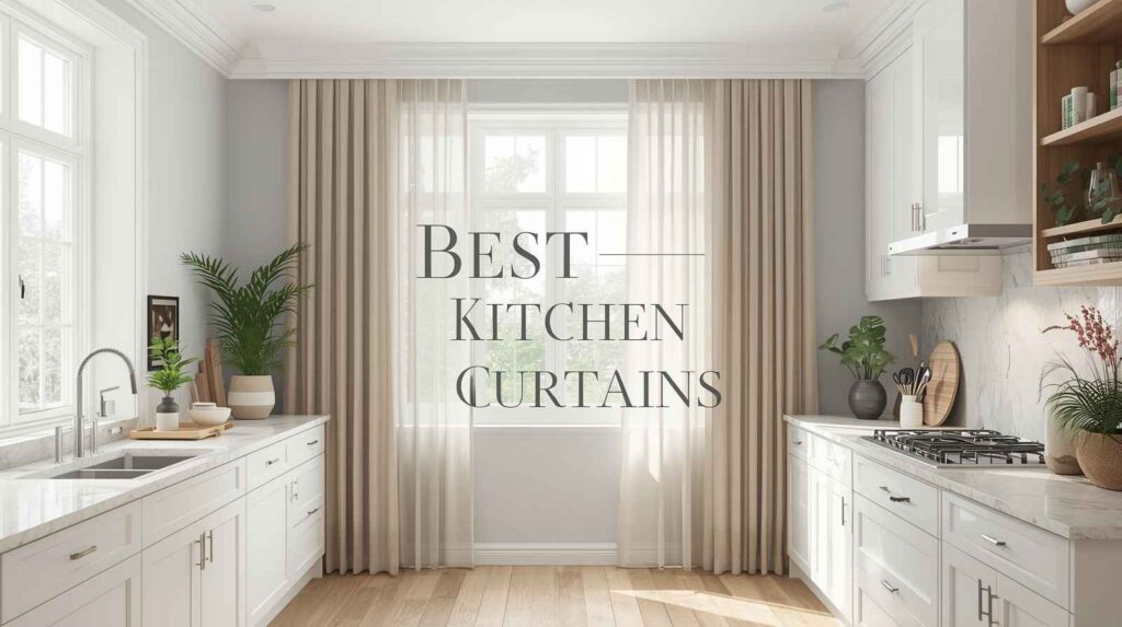 Bright modern kitchen with white cabinets, marble countertops, and large windows dressed in elegant neutral-toned stylish kitchen window curtains, allowing soft natural light to enhance the clean and airy interior design.