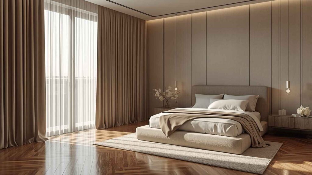 Modern master bedroom with neutral décor and floor-length sheer and blackout curtains gently touching the ground, showing the ideal curtain length for a stylish and well-balanced bedroom interior.