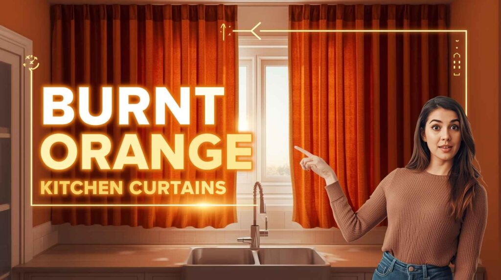 Burnt orange kitchen curtains hanging over a window above a modern kitchen sink, featuring a warm interior design with bold text and a woman pointing toward the curtains for emphasis.