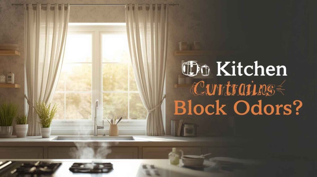 A modern kitchen interior with light sheer curtains on a bright window, visible cooking steam, and natural decor, showing how kitchen curtains help with odor control while maintaining airflow and natural lighting.