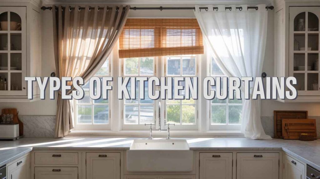 Different kitchen window curtain styles in a modern kitchen, featuring sheer panels, full-length drapes, and bamboo blinds framing a bright sink area