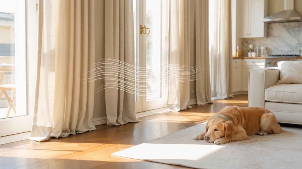 Light-colored odor blocking curtains installed on glass doors in a modern living room, helping prevent smells from entering while a dog rests peacefully on the floor.