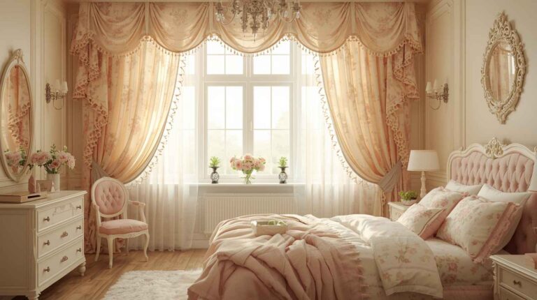 Shabby chic curtains for a bedroom with soft floral fabric, layered sheer panels, an elegant valance, and pastel pink romantic bedroom decor with vintage furniture
