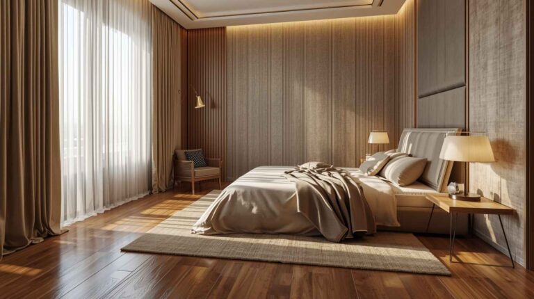 Modern master bedroom with floor-length sheer and blackout curtains lightly touching the floor, demonstrating why and how should bedroom curtains touch the floor for an elegant and luxurious look.