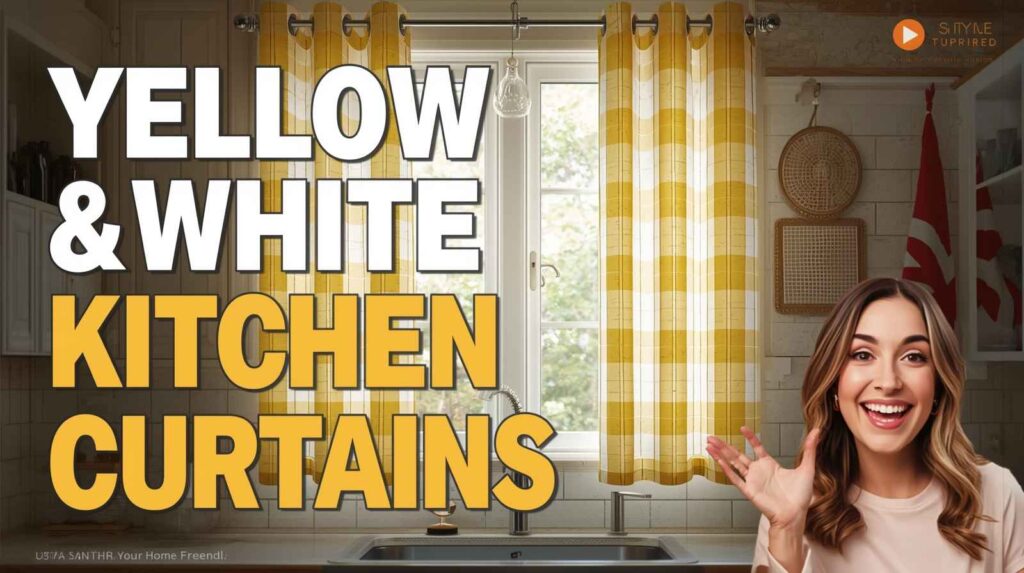 Yellow and white kitchen curtains with a checkered pattern hanging on a bright kitchen window above the sink, creating a warm and modern kitchen look.