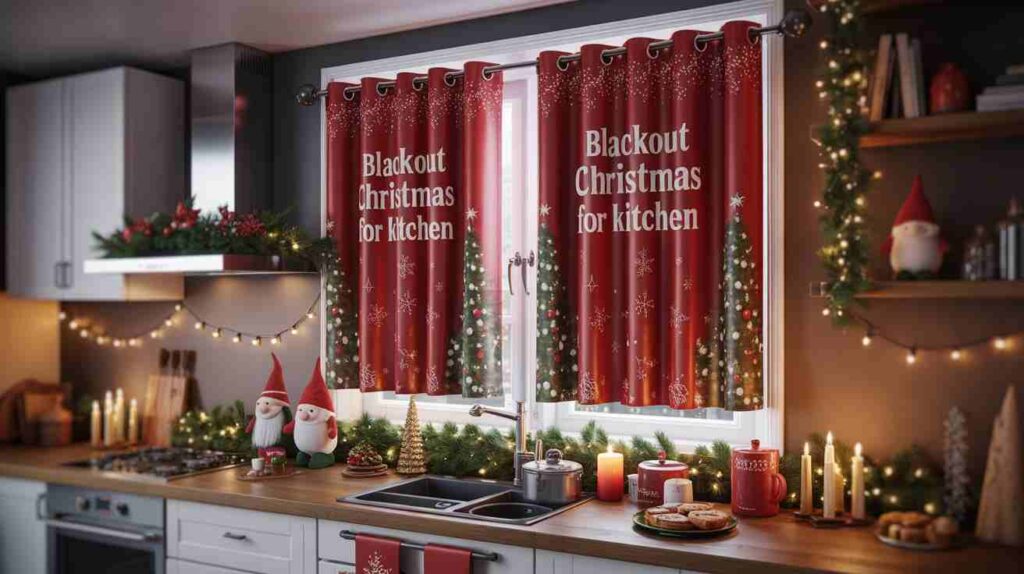 Red blackout Christmas curtain for kitchen window with festive holiday decor, warm lights, candles, and Christmas ornaments creating a cosy kitchen atmosphere.