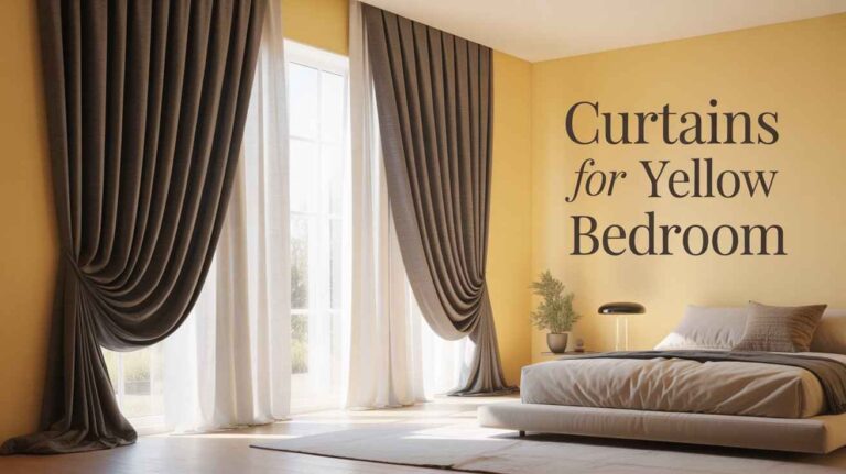 Modern bedroom interior featuring elegant brown floor-length curtains for yellow bedroom walls, paired with sheer white panels, soft bedding, and natural sunlight, creating a warm and cosy atmosphere.