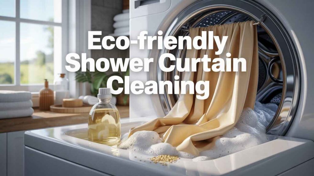Beige shower curtain inside a washing machine with a soap bottle and foam for eco-friendly cleaning