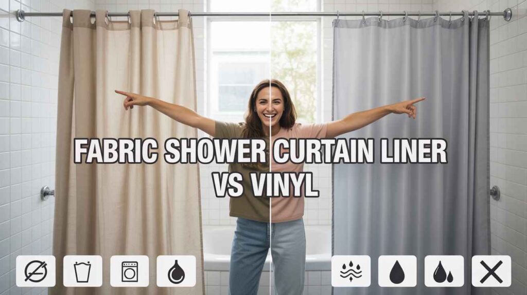 A woman comparing fabric and plastic shower curtain liners in a bathroom, showing a beige fabric liner on one side and a grey waterproof plastic liner on the other side, with a pointing gesture indicating the difference.