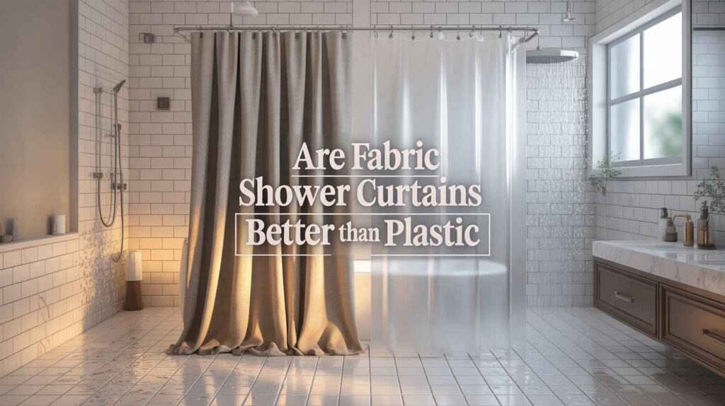 A modern bathroom showing a fabric shower curtain beside a clear vinyl shower curtain, highlighting the difference between cloth and plastic shower curtains in design, texture, and water resistance.