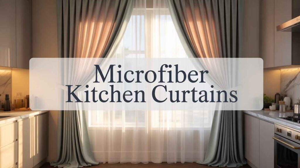 Modern kitchen window decorated with soft microfiber kitchen curtains layered over sheer white panels, allowing natural sunlight to brighten the stylish cooking space.