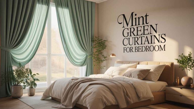 Modern sunlit bedroom featuring elegant mint green curtains for bedroom with soft natural light, neutral bedding, indoor plants, and stylish wall typography creating a calm and cosy atmosphere.