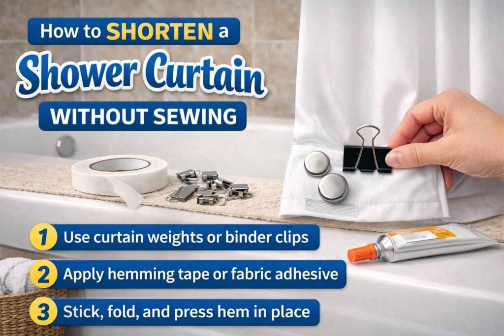 A step-by-step bathroom visual showing a folded shower curtain hem secured with binder clips, curtain weights, and fabric adhesive tape, demonstrating an easy way to adjust curtain length without using a sewing machine.