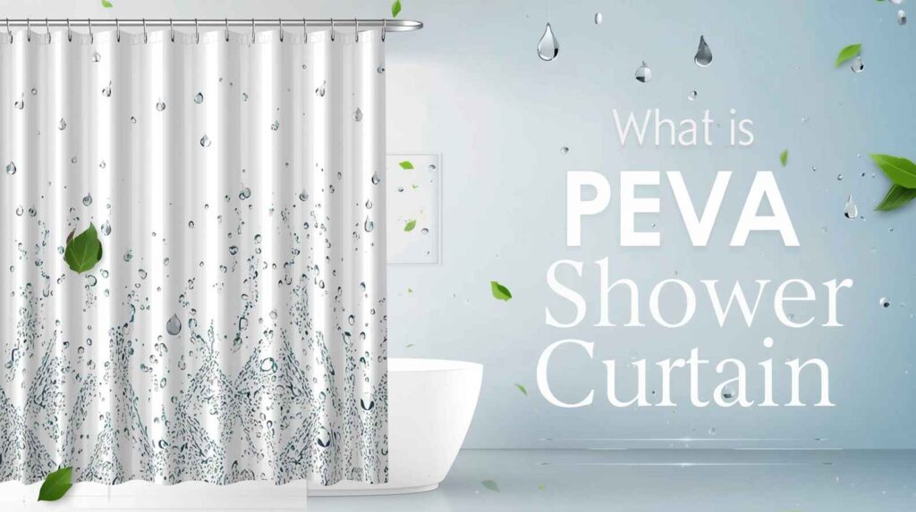 Waterproof PEVA shower curtain liner with water droplets in a modern bathroom, highlighting an eco-friendly and chlorine-free vinyl alternative for daily use.