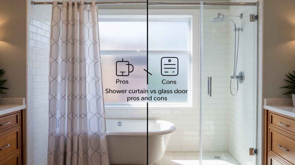 A contemporary bathroom split design showing a patterned shower curtain on one side and a transparent glass shower door on the other, clearly illustrating shower curtain vs glass door pros and cons in a bright, stylish setting.