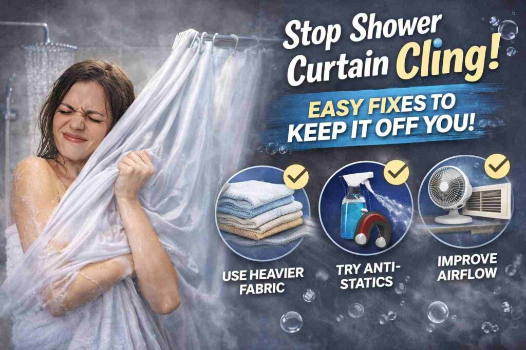 A woman in a steamy bathroom pulling a shower curtain that is sticking to her body, illustrating how to stop a shower curtain from sticking to you with heavier fabric, anti-static solutions, and improved airflow shown as visual tips