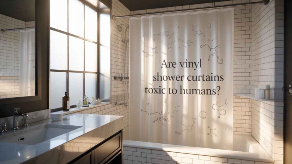 Modern bathroom with a clear vinyl shower curtain featuring chemical symbols, highlighting potential health risks of plastic shower curtains in a bright tiled shower space