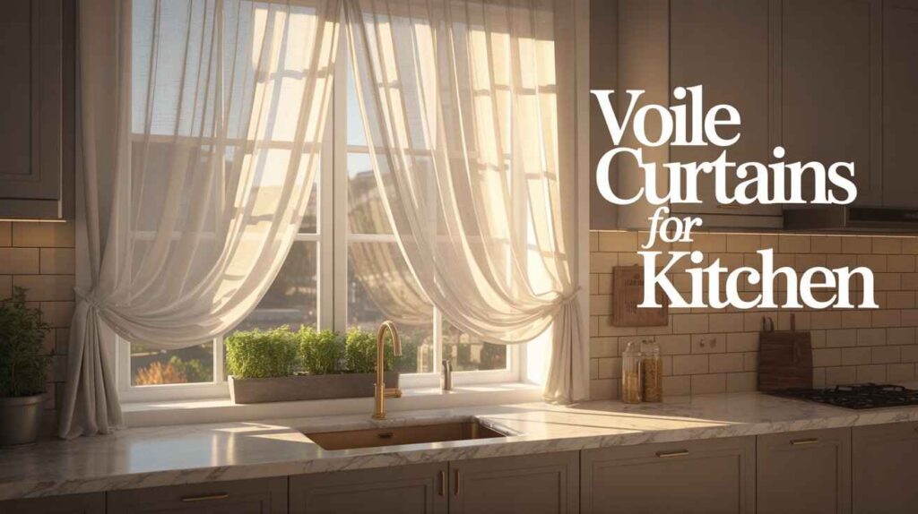 Sheer voile curtains for the kitchen window allow soft natural sunlight to filter into a modern bright kitchen above the sink.
