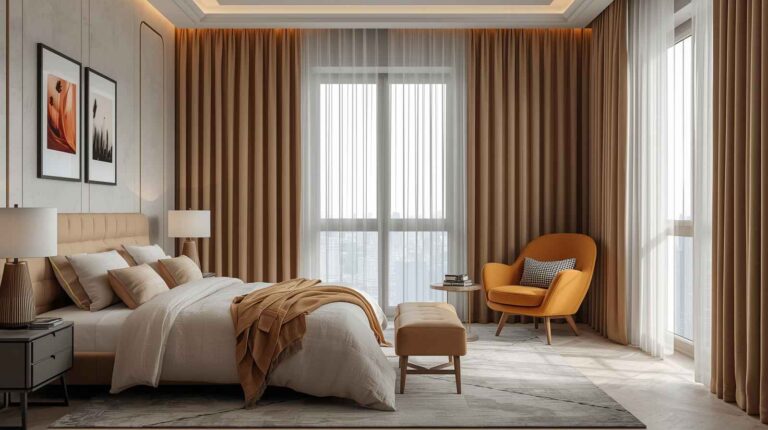 Modern bedroom interior showing how to choose curtain colours and textures that complement bedding, wall art, and furniture — a perfect example of what curtains should match in bedroom décor.