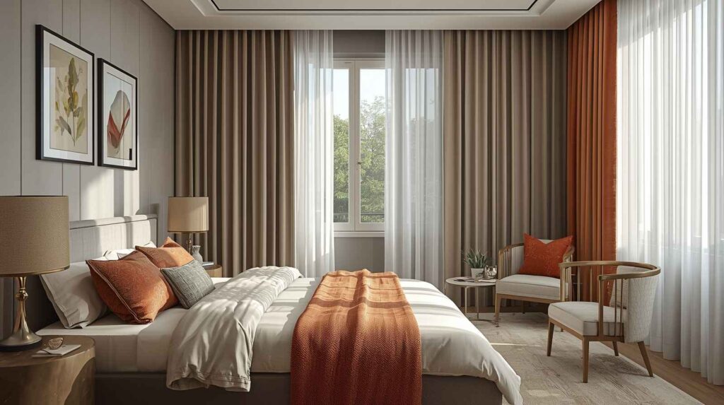 Elegant bedroom with layered sheer and brown curtains coordinated with bedding, cushions, and accent chair, demonstrating how curtains should match in bedroom interior design for a balanced look.