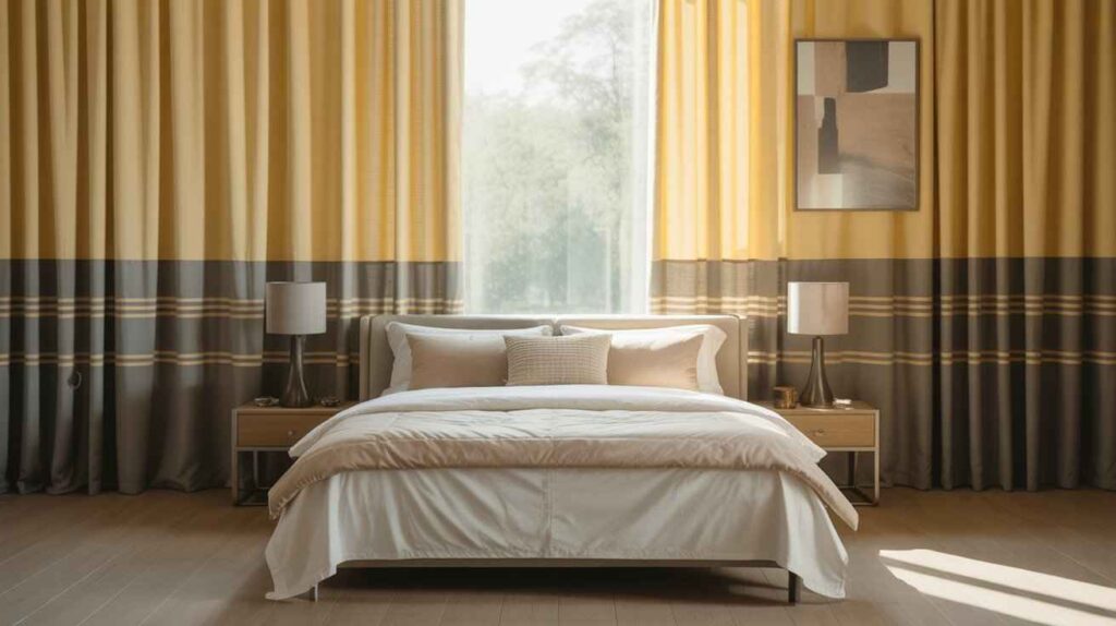 Modern bedroom interior featuring yellow and grey curtains for the bedroom with soft natural sunlight, a cosy queen-size bed with neutral bedding, wooden nightstands with lamps, and a warm, elegant atmosphere.