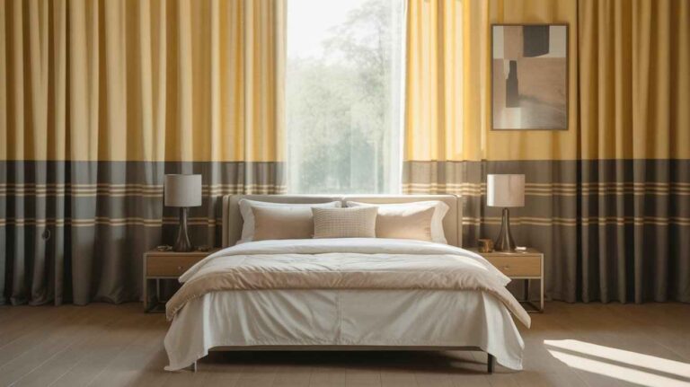 Modern bedroom interior featuring yellow and grey curtains for the bedroom with soft natural sunlight, a cosy queen-size bed with neutral bedding, wooden nightstands with lamps, and a warm, elegant atmosphere.