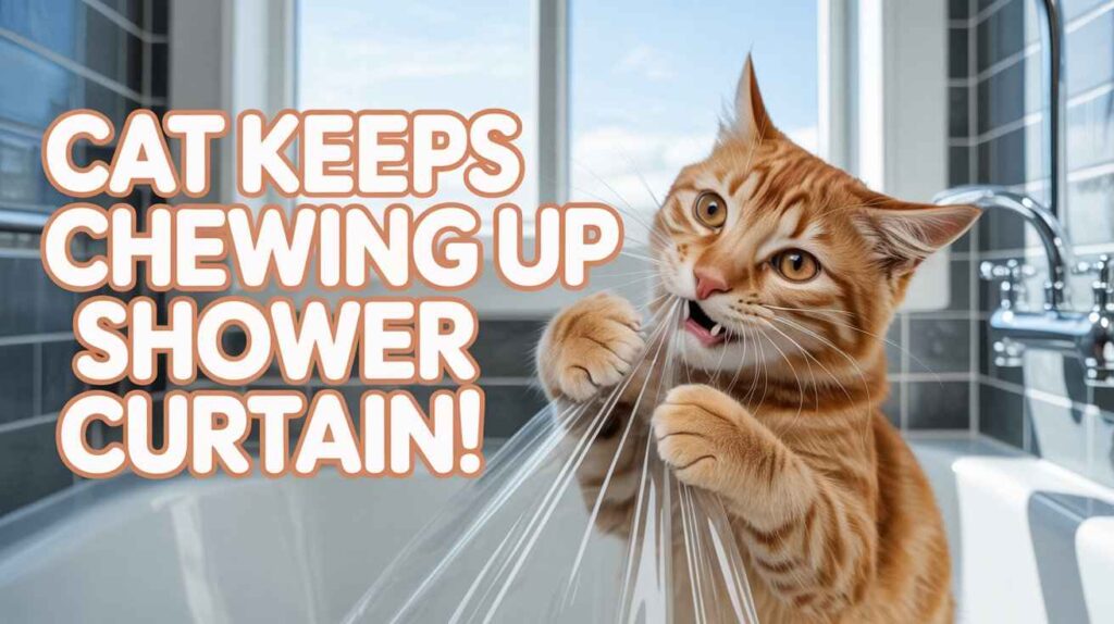 A playful orange tabby cat biting and pulling a clear shower curtain in a bathroom, showing a common issue where a pet cat chews and damages the bathroom curtain near the bathtub.
