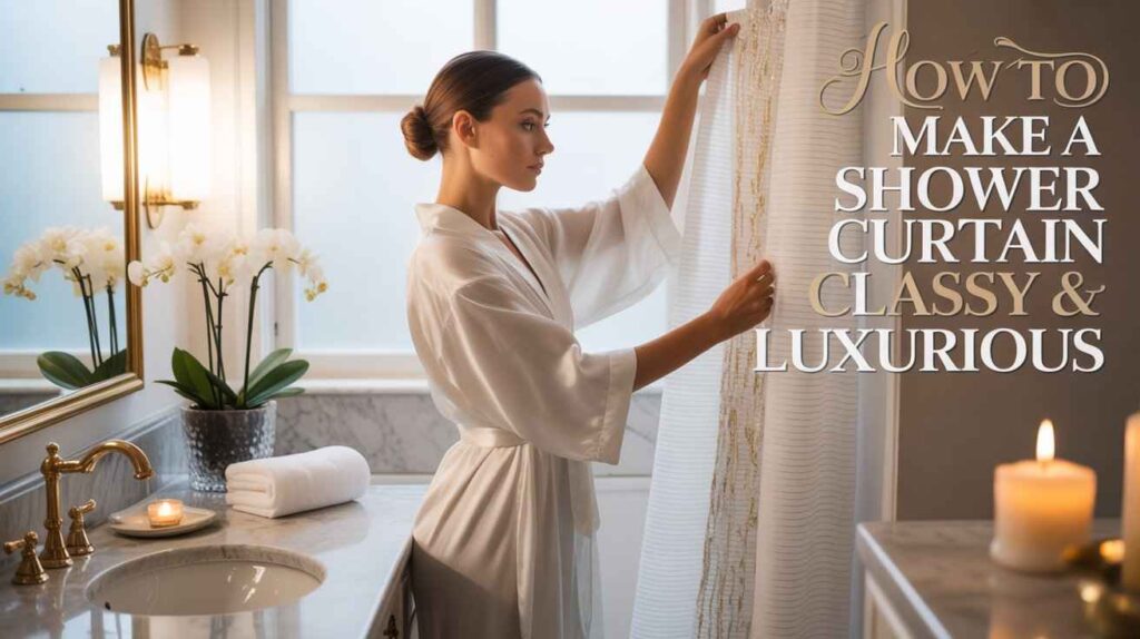 Elegant bathroom scene featuring a woman adjusting a textured shower curtain in a luxury marble bathroom to create a sophisticated and high-end look.