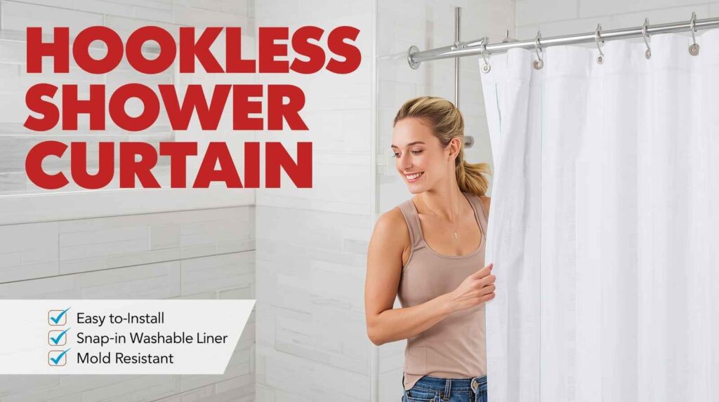 A woman installing a hookless shower curtain with a snap-in liner on a bathroom rod in a bright modern bathroom