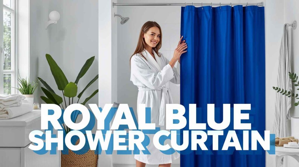 A woman adjusting a royal blue shower curtain in a bright modern bathroom with white decor and indoor plants, creating a clean and stylish look.