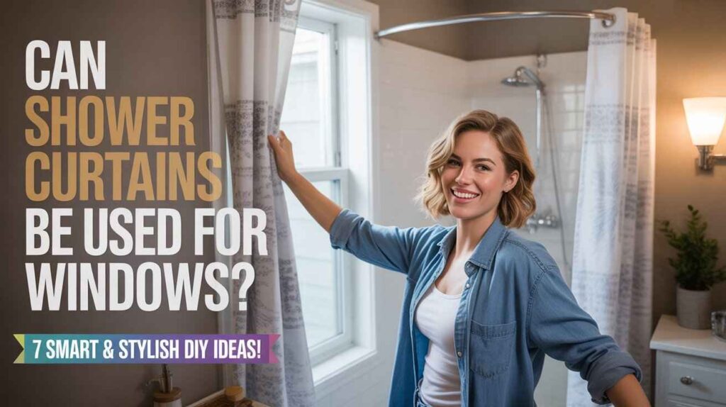 A woman installing a shower curtain on a bathroom window, demonstrating how shower curtains can work as stylish window coverings.