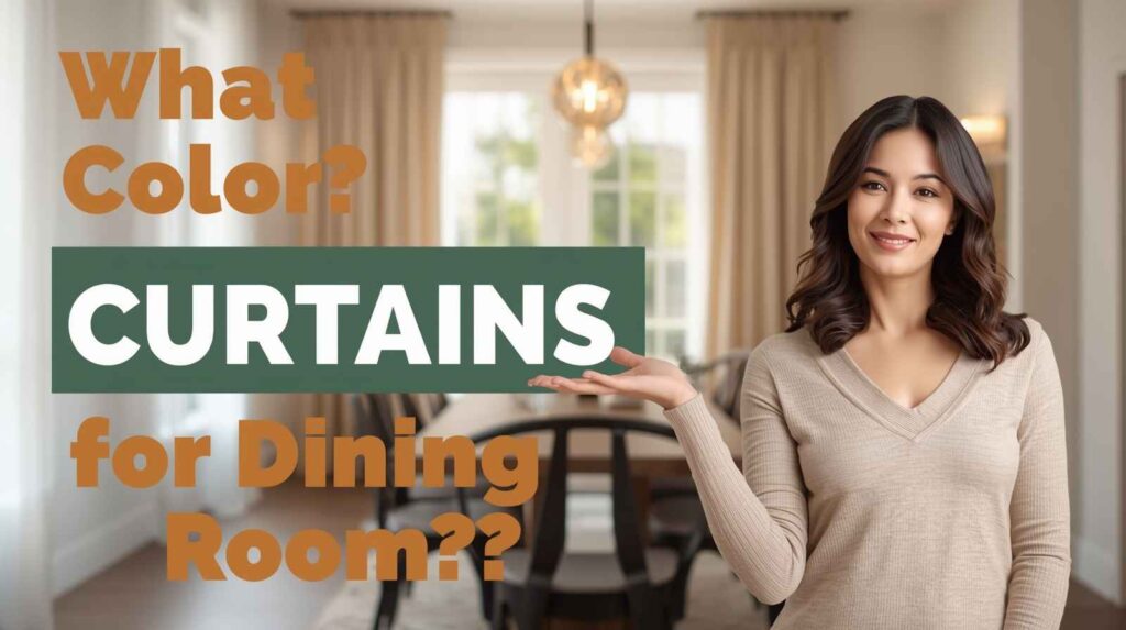 A woman gesturing toward text about choosing the best curtain colours for a dining room, set in a bright modern dining space with neutral decor and soft lighting.