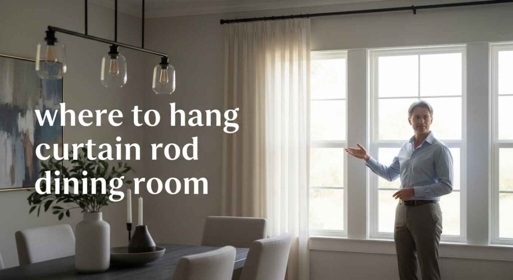 Proper placement of curtain rods in a dining room showing ideal height and width above large windows for balanced and elegant window treatment styling