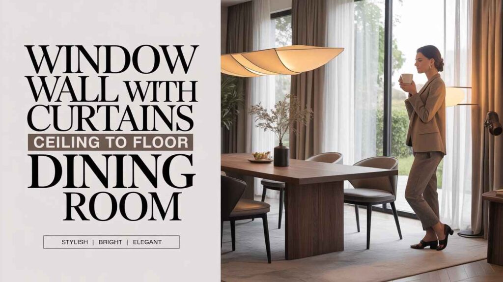 Elegant modern dining room with a full-height window wall dressed in long curtains, featuring a wooden dining table, soft natural daylight, and luxurious interior styling.