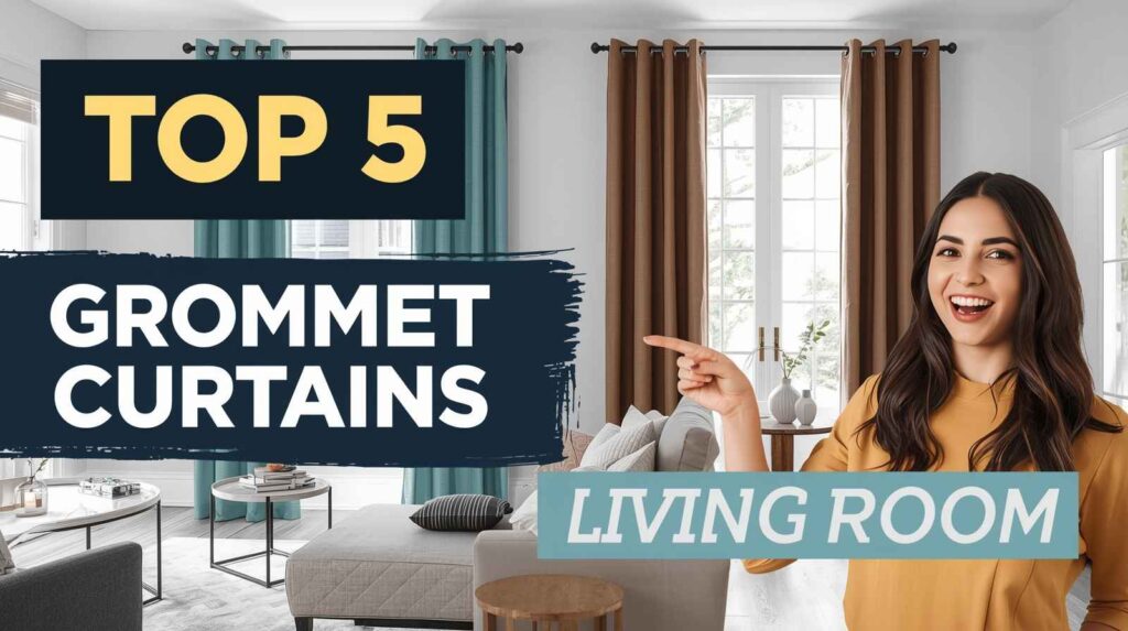 Top 5 grommet curtains for living room displayed in a stylish modern living room with teal and brown curtains, featuring a smiling woman pointing toward the curtain design ideas.