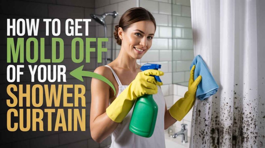 woman wearing yellow gloves cleaning heavy mildew stA womanfrom a white shower curtain using spray bottle and cloth in a modern bathroom