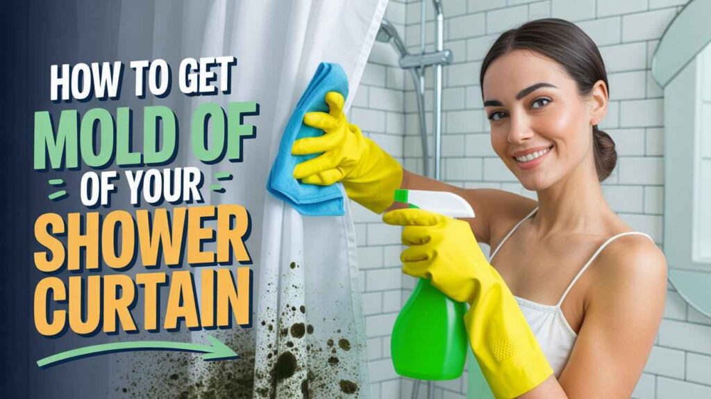 A woman wearing yellow gloves cleans black mould stains from a white shower curtain using a spray bottle and cloth in a tiled bathroom, demonstrating how to get mould off of a shower curtain safely and effectively.