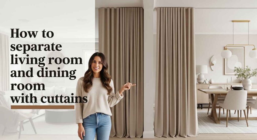 Modern home interior showing curtains used to create a stylish separation between living and dining areas