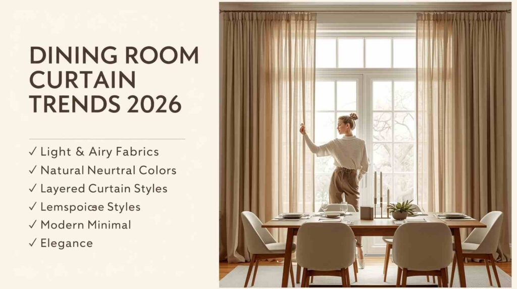 A bright modern dining space featuring soft neutral window drapes with layered styling, showcasing the latest dining area curtain design ideas for 2026 trends.