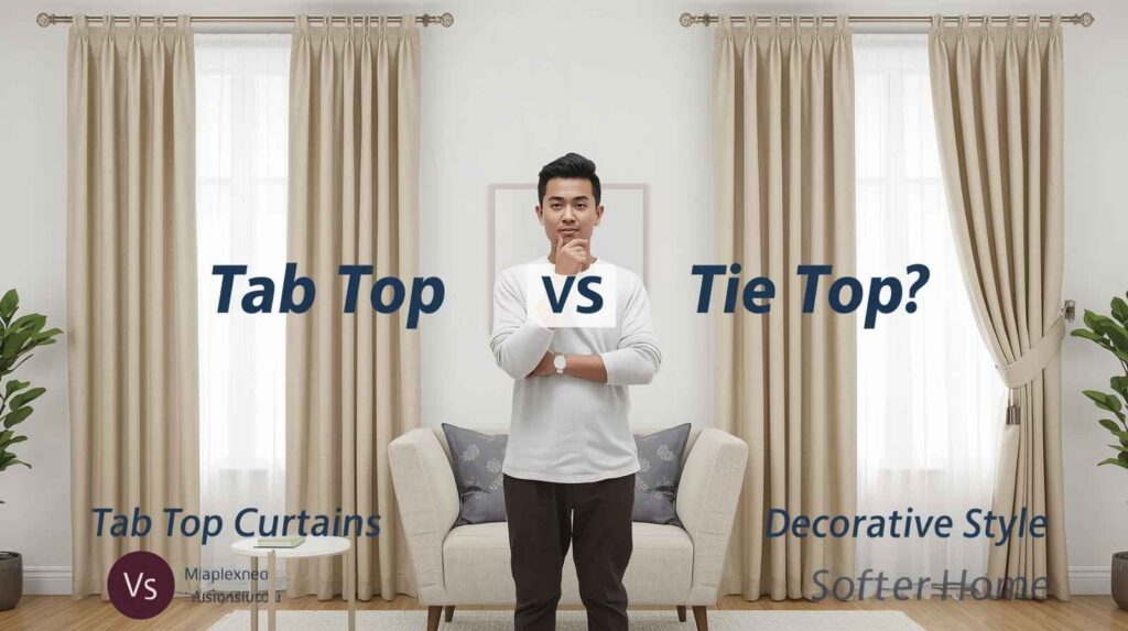 A side-by-side comparison of tab-top vs tie-top curtains showing structured loops on the left and decorative fabric ties on the right in a bright living room setup.