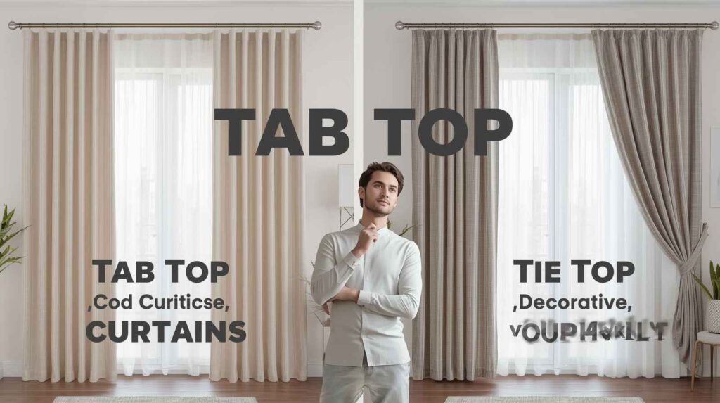 A side-by-side comparison of tab-top vs tie-top curtains showing structured loops on the left and decorative fabric ties on the right in a bright living room setup.