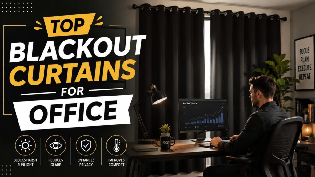 Modern home office setup with dark room-darkening window panels, a professional working at a desk, and stylish light-blocking curtains designed to reduce glare and improve privacy in office spaces.