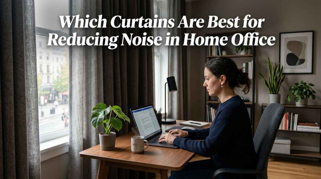 A woman working in a modern home office with thick blackout curtains designed to block outside sound and create a quieter workspace for better focus.