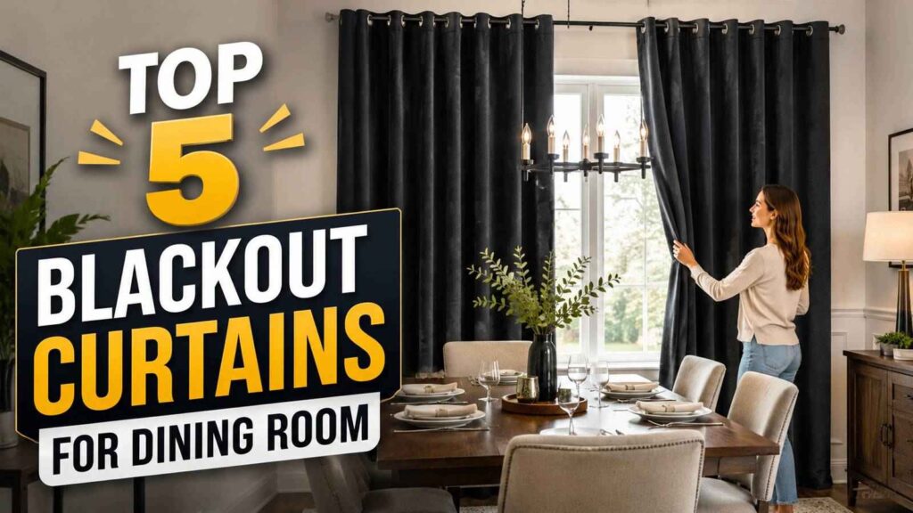 A modern dining space with dark, elegant blackout curtains for dining room windows, as a woman adjusts the drapes beside a wooden table set under a chandelier.